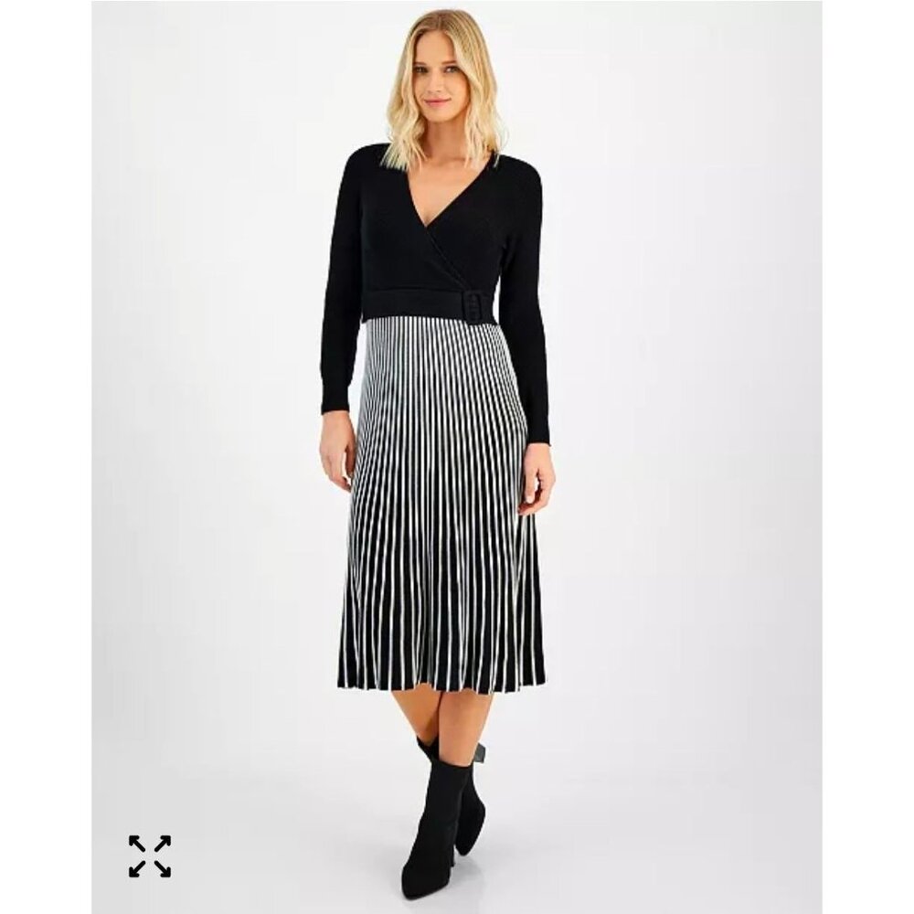 Black & White Long-Sleeve Knit Wrap Sweater Dress With Striped Pleated Skirt Siz